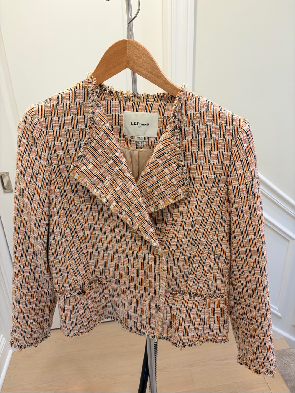 LK Bennett Peach Multi Tweed Frayed-Edge Blazer
